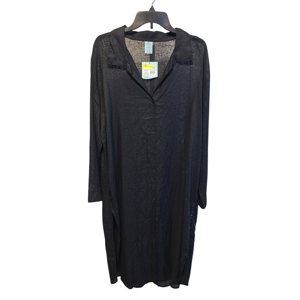 Shade & Shore Black Linen Blend Long Sleeve Button Down Cover Up XL 16 NWT